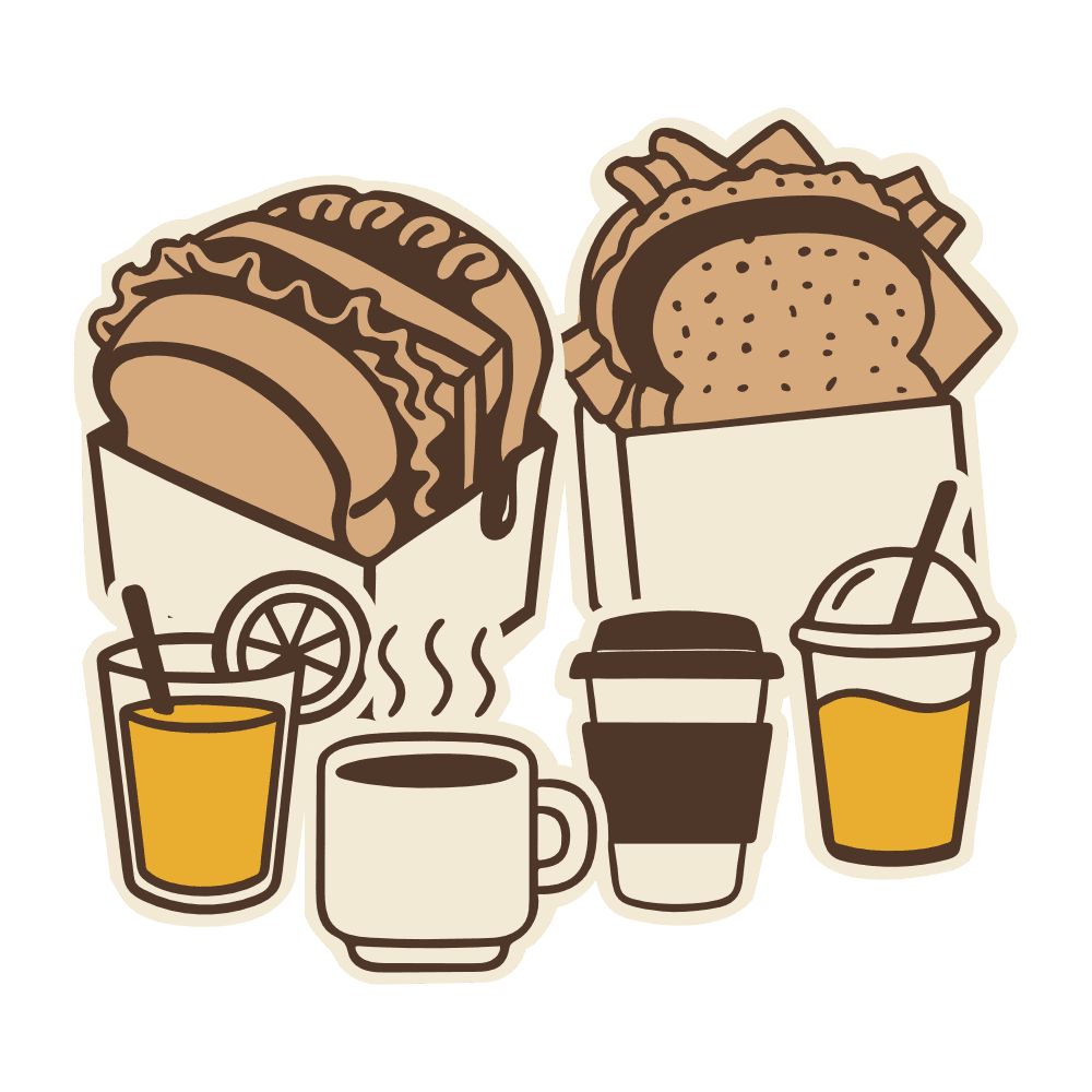 Ilustración oficial BRIOXX con brioches, café y bebidas